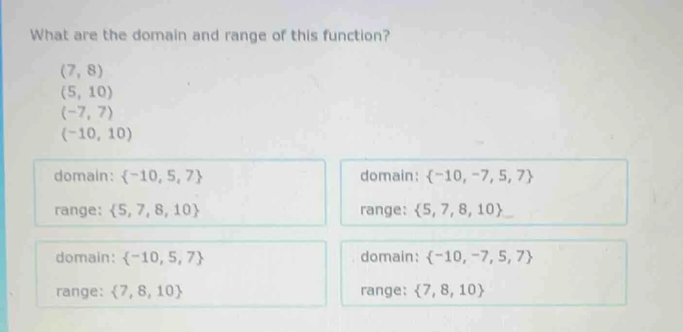 what are the domain and range of this function? (7, 8) (5, 10) (-7, 7) …