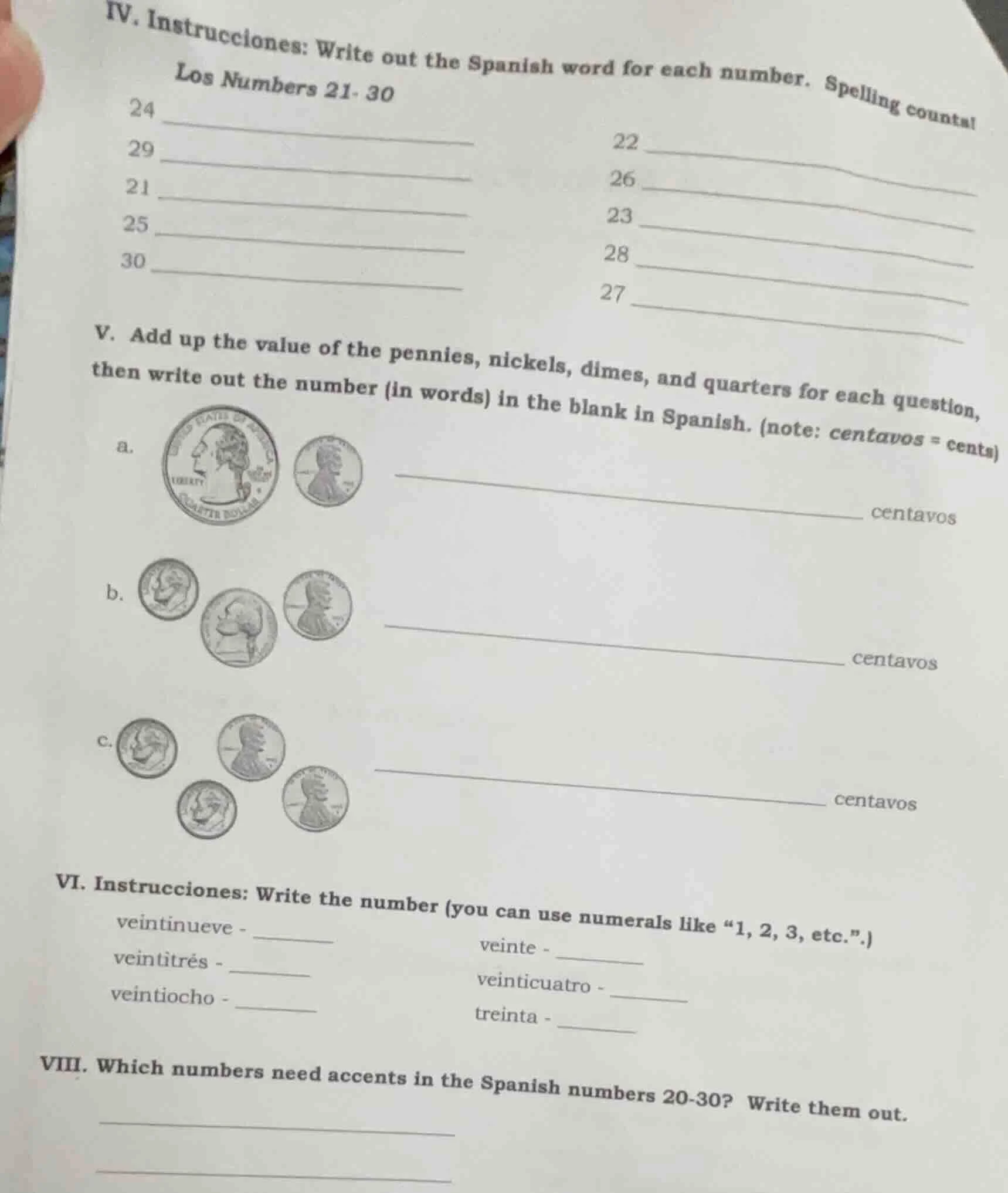 iv. instrucciones: write out the spanish word for each number. spelling…