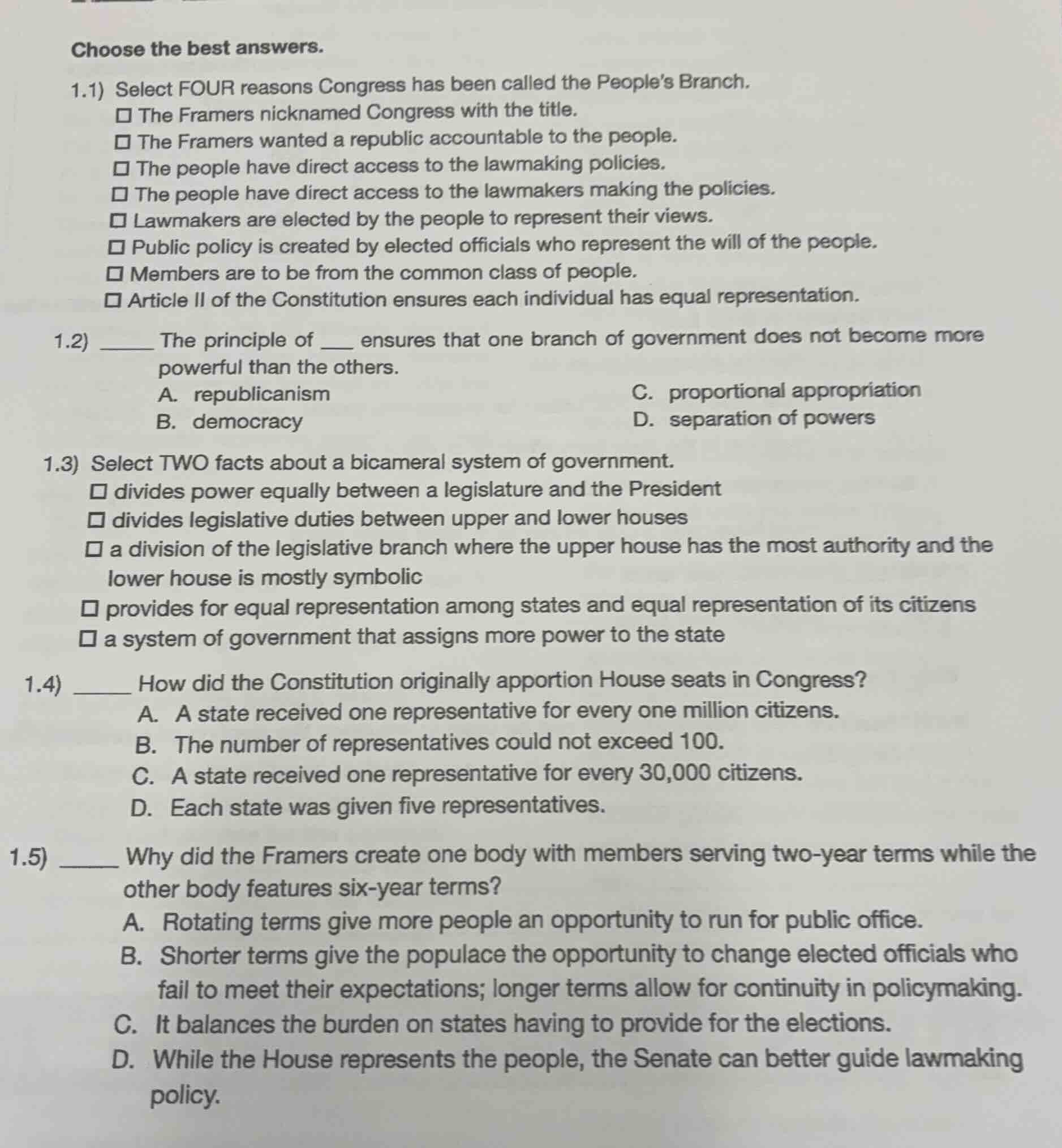 choose the best answers. 1.1) select four reasons congress has been cal…