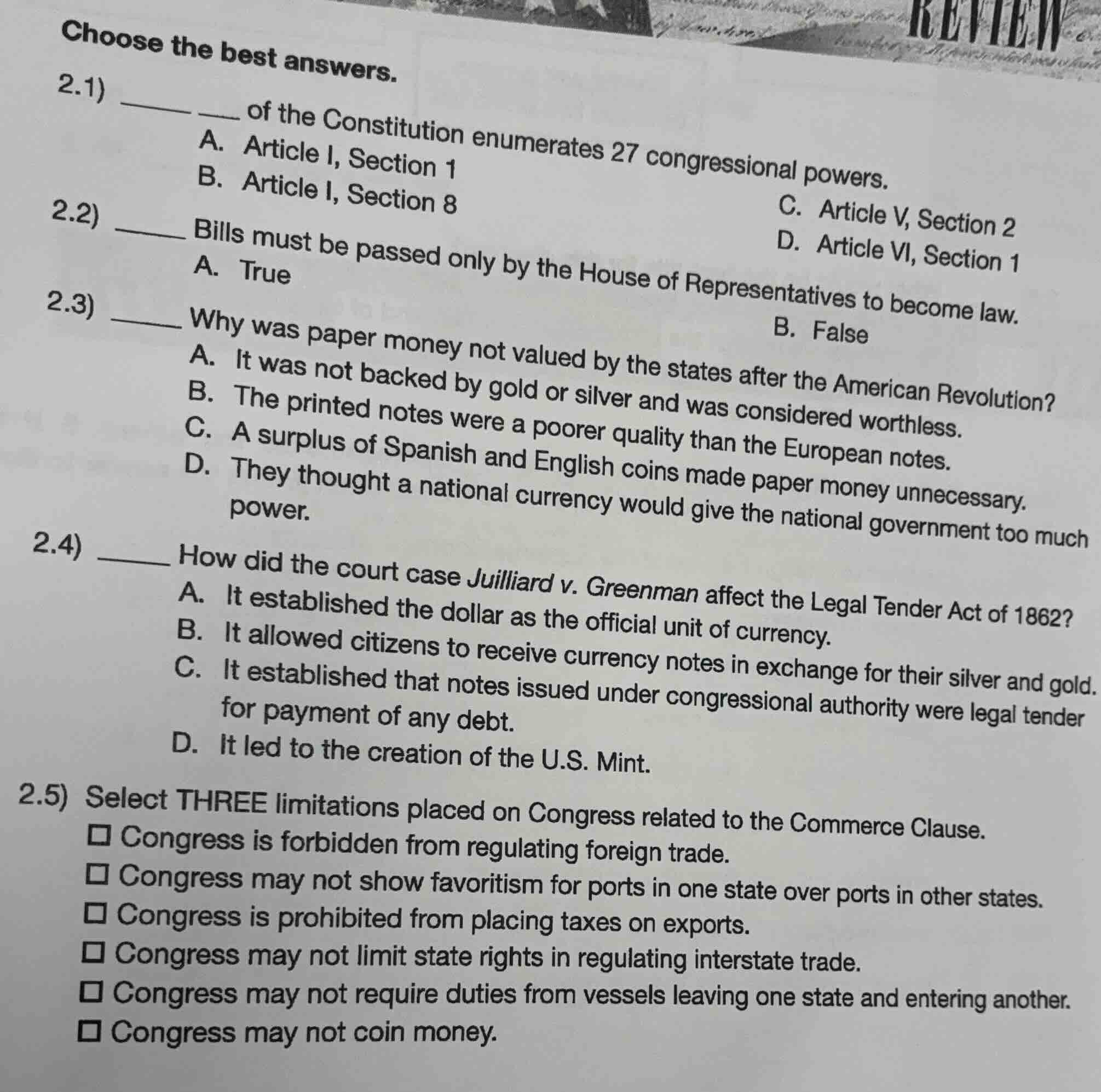 choose the best answers. 2.1) ____ __ of the constitution enumerates 27…