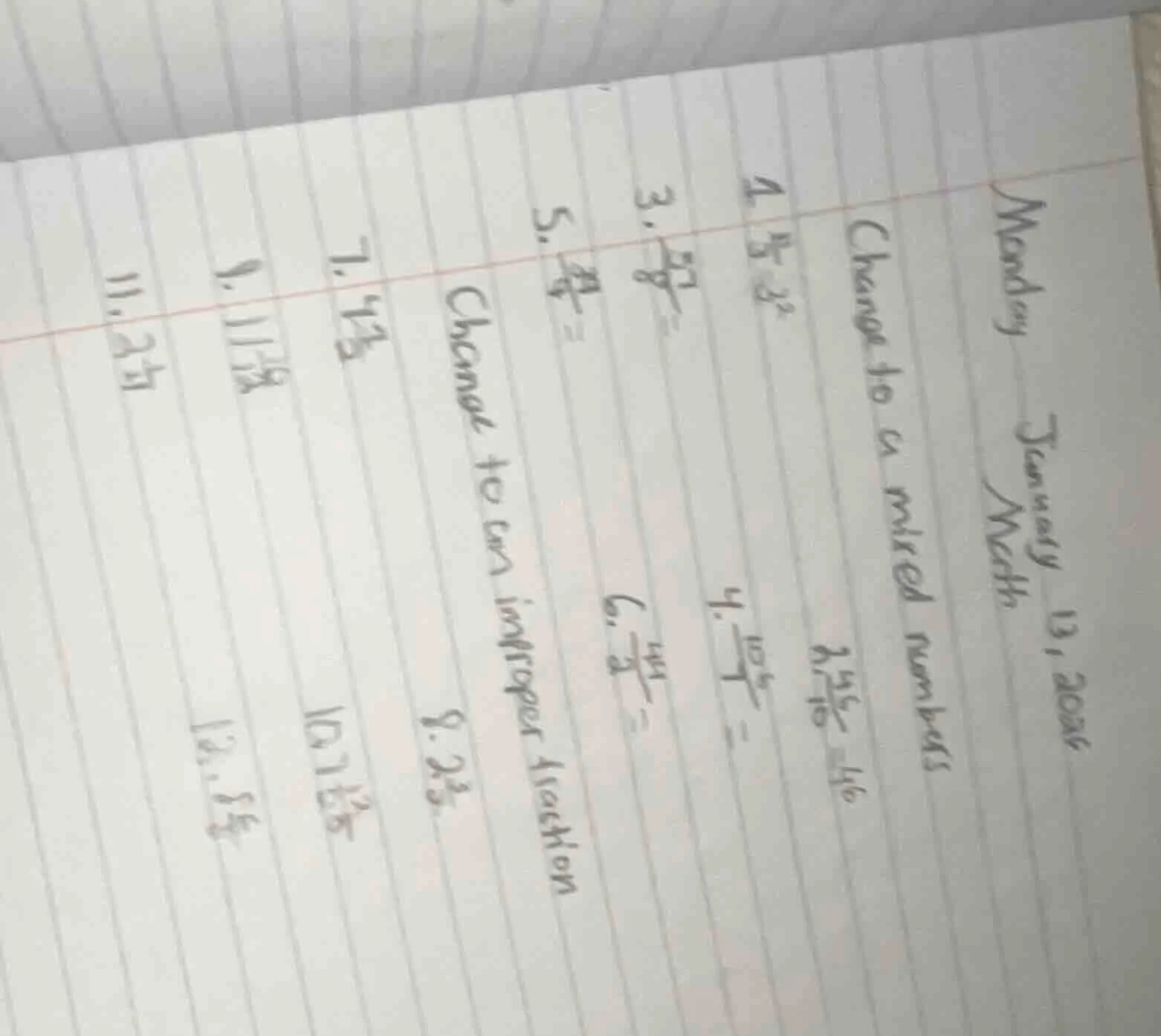 monday january 13, 2026 math change to a mixed numbers 2. $5\\frac{3}{8…