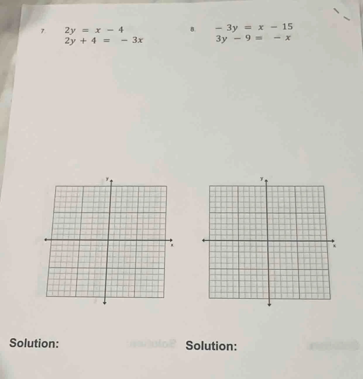 7. \\(\\begin{cases}2y = x - 4 \\\\ 2y + 4 = - 3x\\end{cases}\\)\ 8. \\…