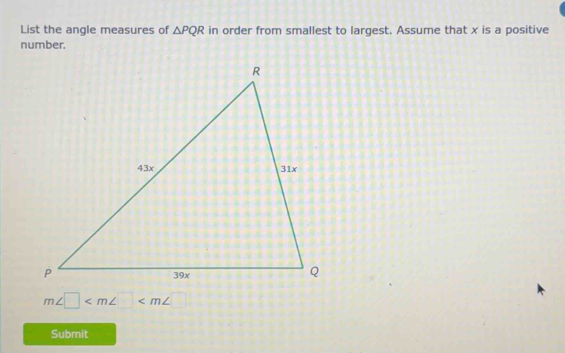 list the angle measures of $\\triangle pqr$ in order from smallest to l…