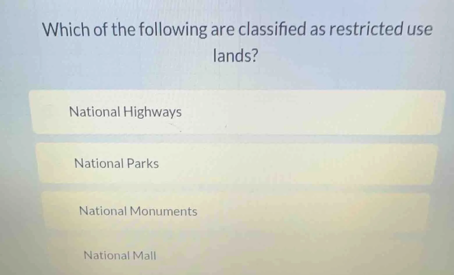 which of the following are classified as restricted use lands? national…