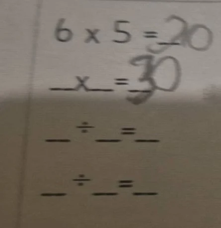 6 × 5 = 20 __×__= 30 __÷__=__ __÷__=__