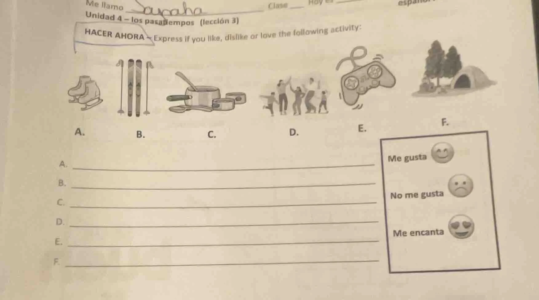 me llamo _ clase __ hoy es __ español unidad 4 – los pasatiempos (lecci…