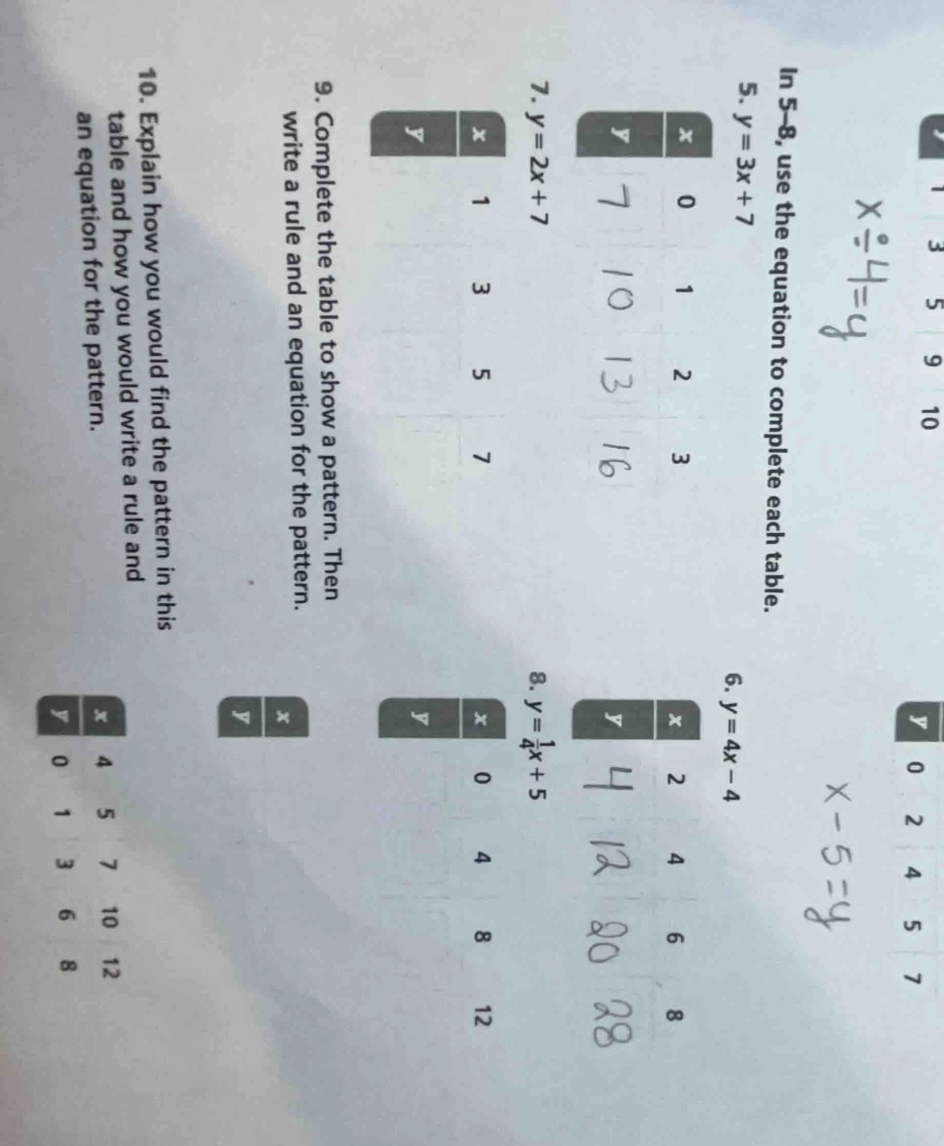 in 5–8, use the equation to complete each table. 5. ( y = 3x + 7 ) | ( …