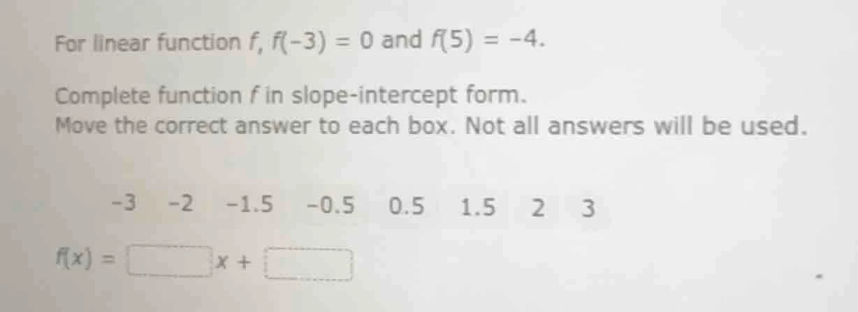 for linear function f, f(-3) = 0 and f(5) = -4. complete function f in …