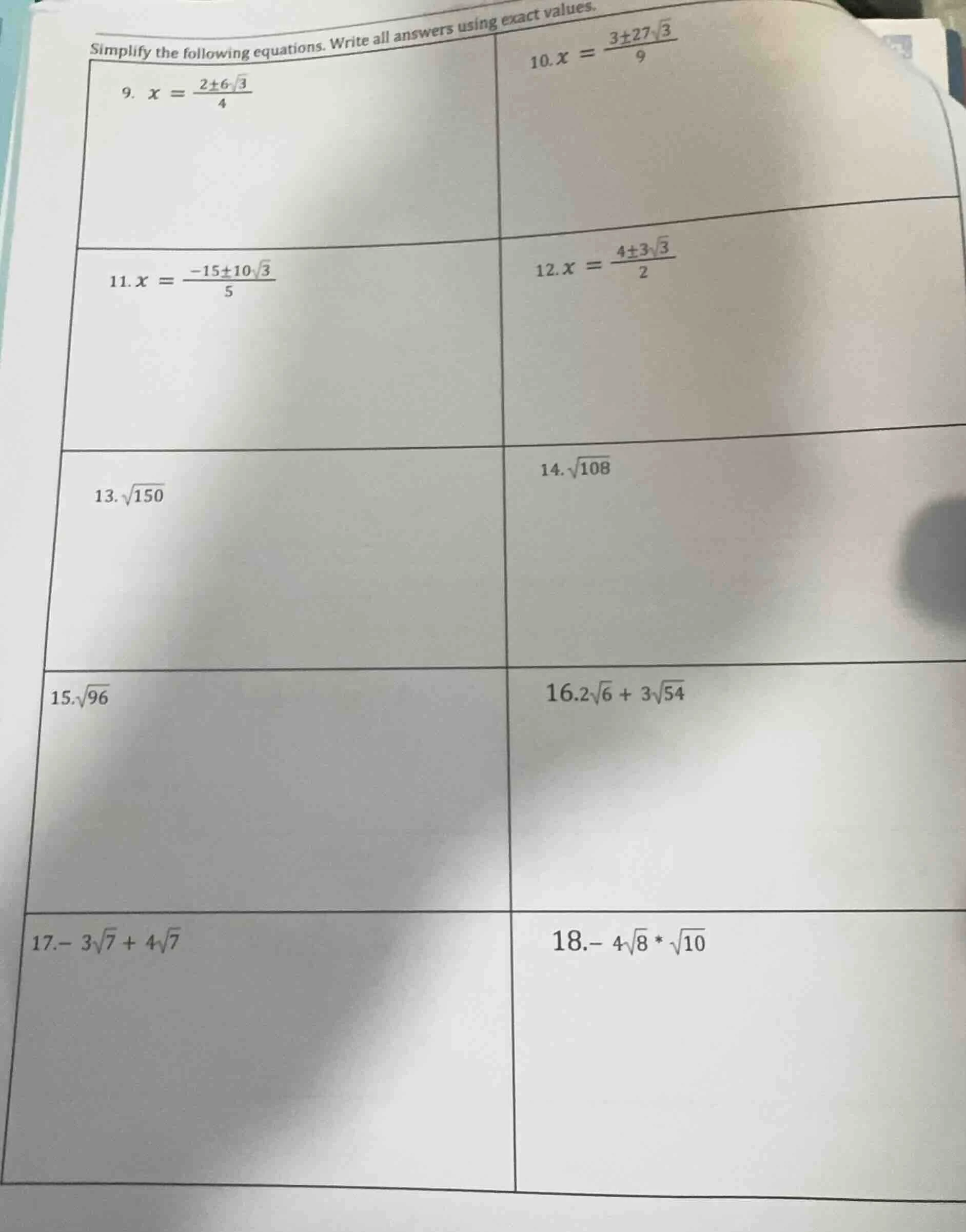 simplify the following equations. write all answers using exact values.…