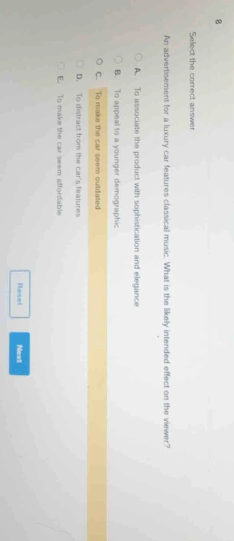 select the correct answer. an advertisement for a luxury car features c…