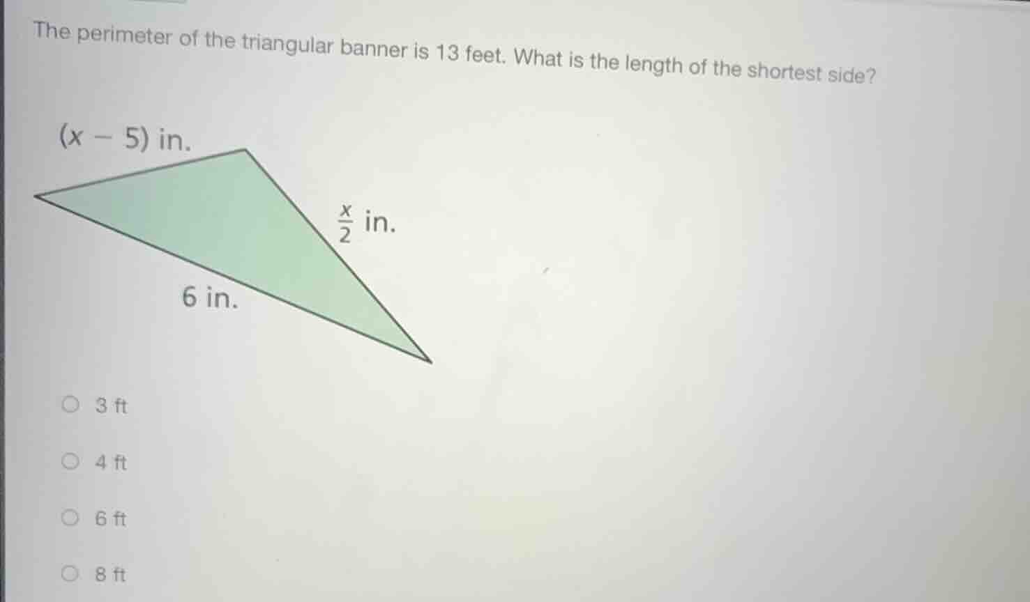 the perimeter of the triangular banner is 13 feet. what is the length o…