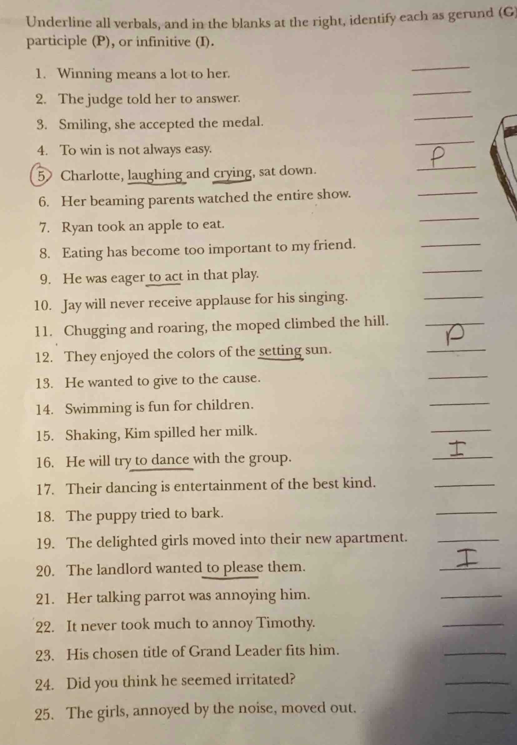 underline all verbals, and in the blanks at the right, identify each as…