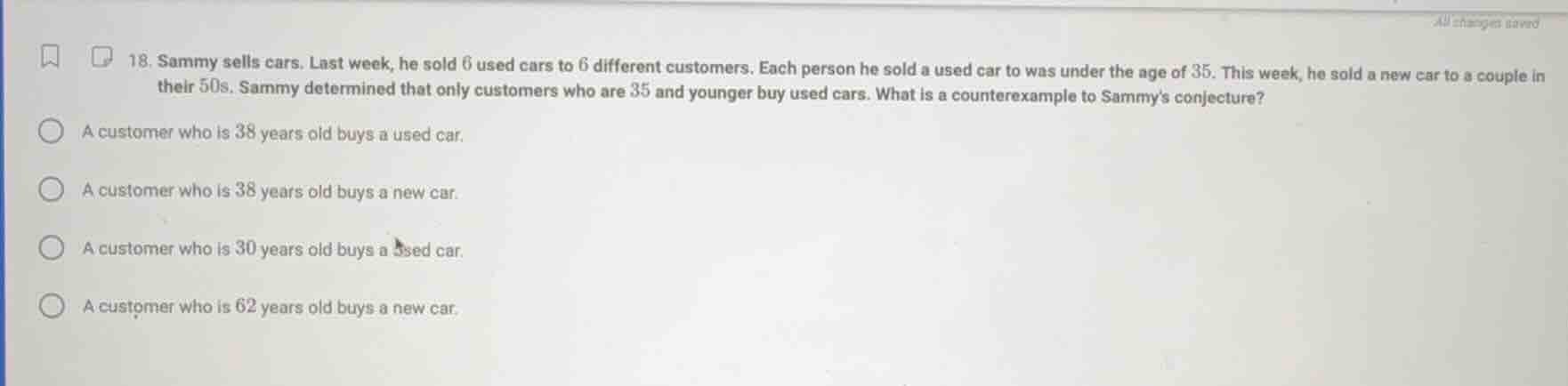 18. sammy sells cars. last week, he sold 6 used cars to 6 different cus…