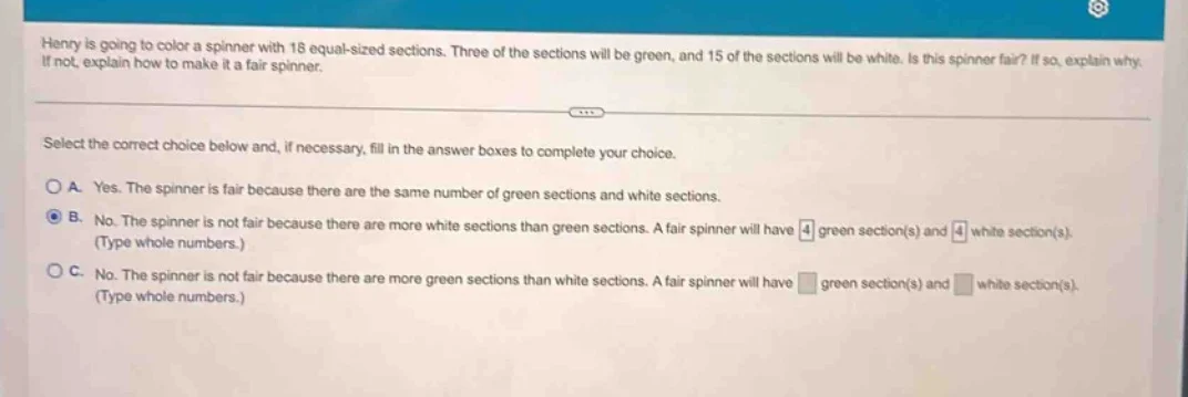 henry is going to color a spinner with 18 equal - sized sections. three…
