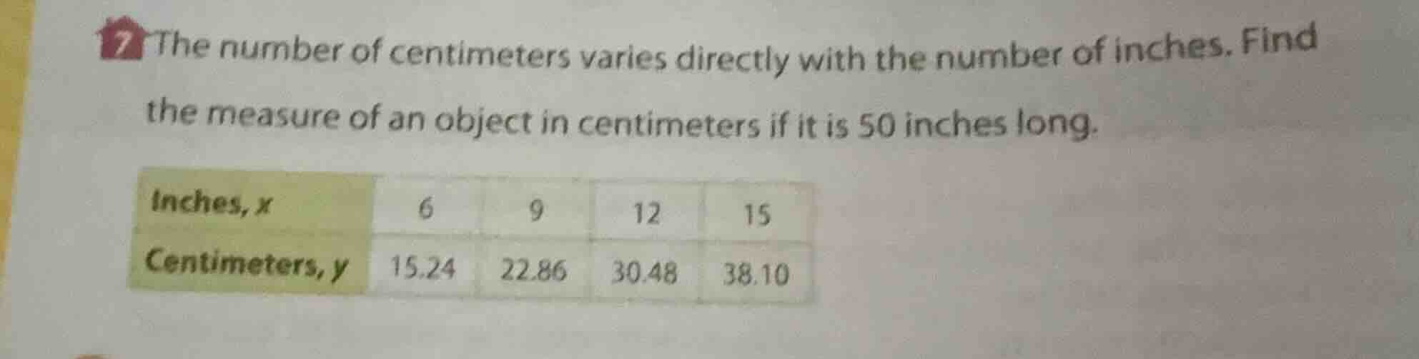7 the number of centimeters varies directly with the number of inches. …