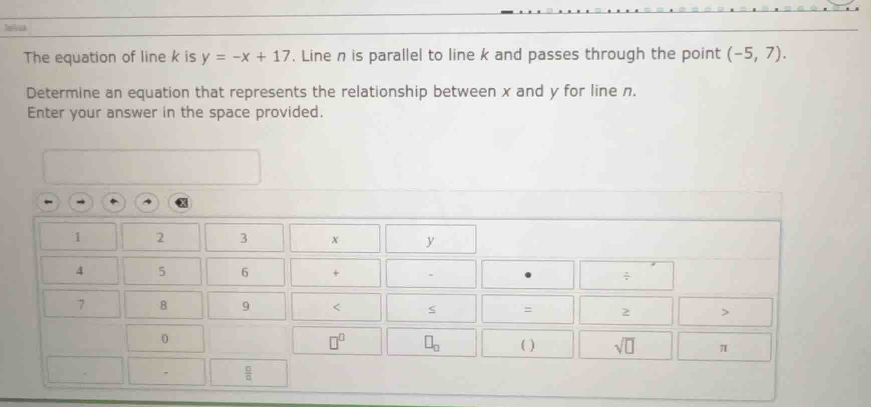 the equation of line k is $y = -x + 17$. line n is parallel to line k a…