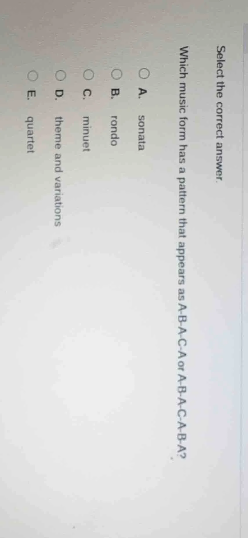 select the correct answer. which music form has a pattern that appears …