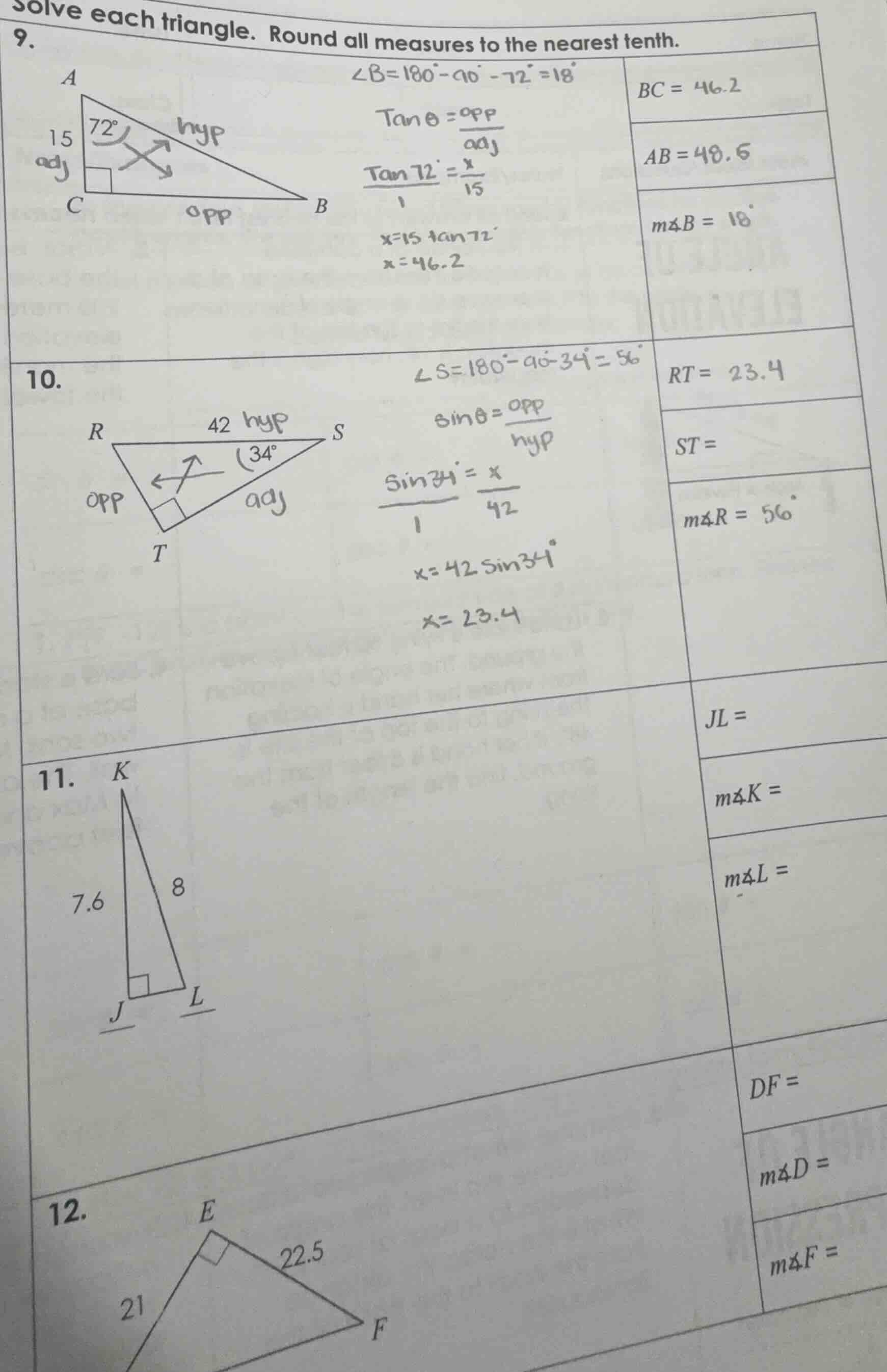 solve each triangle. round all measures to the nearest tenth. 9. triang…