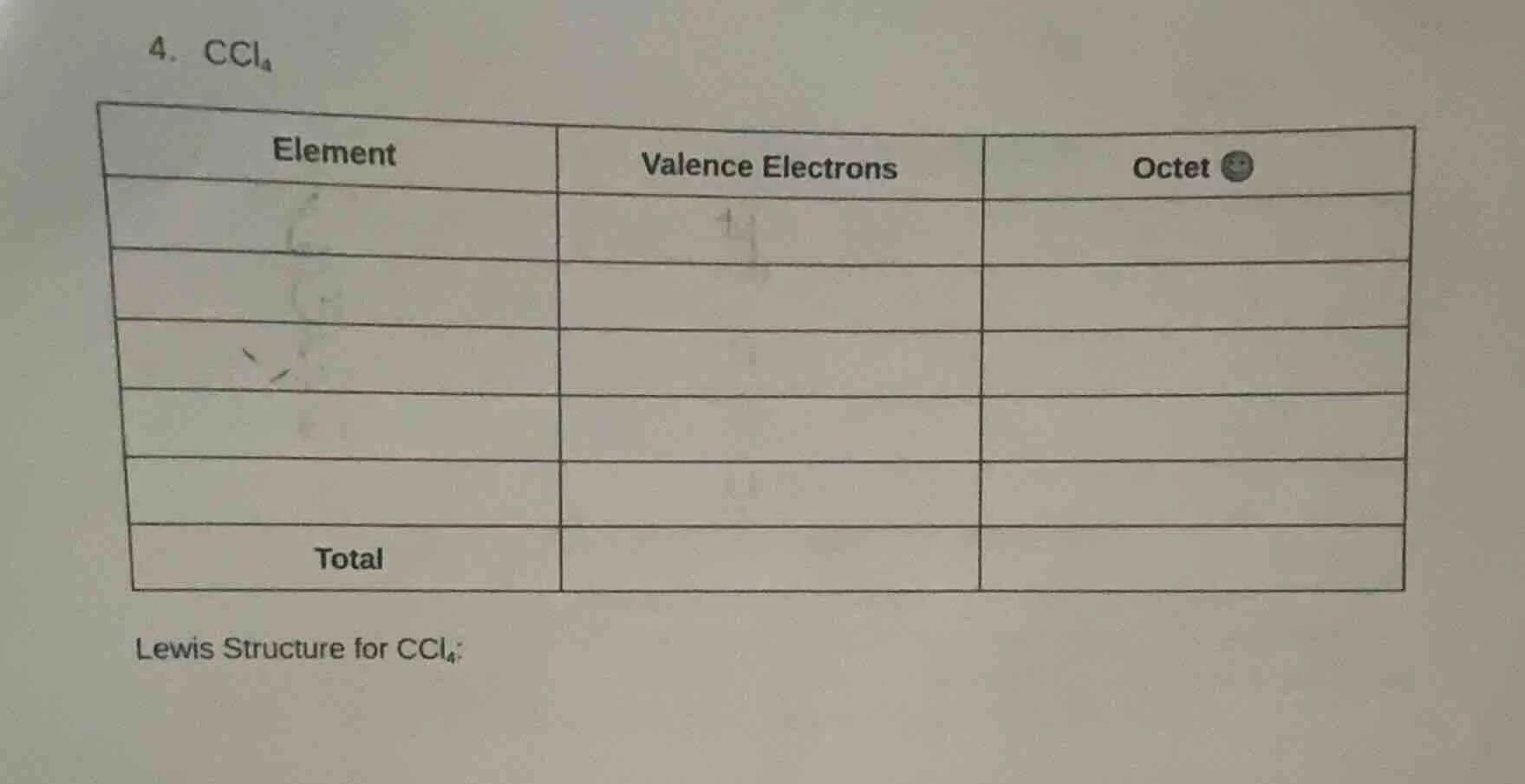 4. ccl₄ | element | valence electrons | octet | | --- | --- | --- | | |…