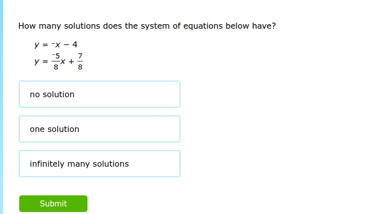 how many solutions does the system of equations below have? y = -x - 4 …