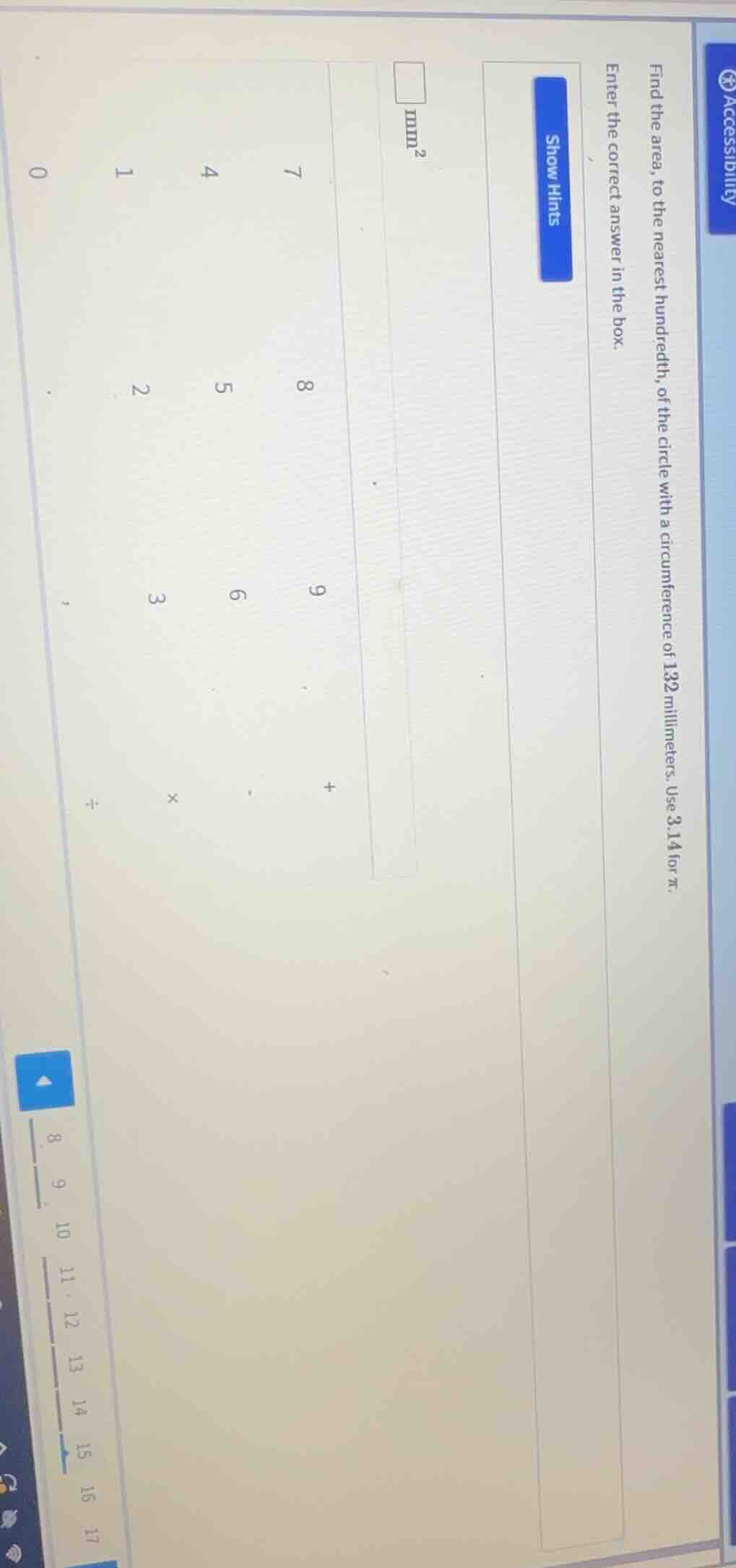 find the area, to the nearest hundredth, of the circle with a circumfer…