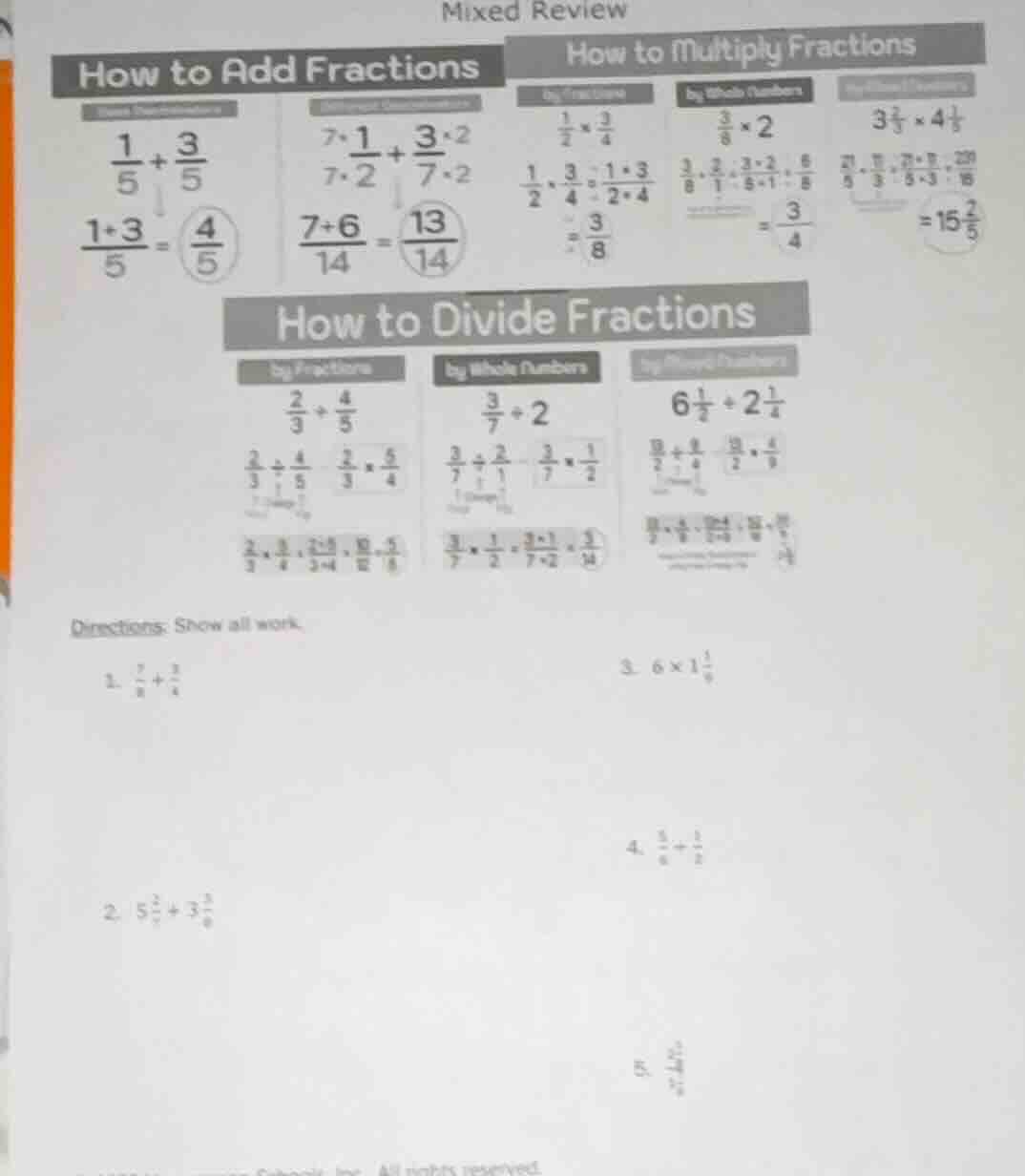 mixed review how to add fractions how to multiply fractions $\frac{1}{5…