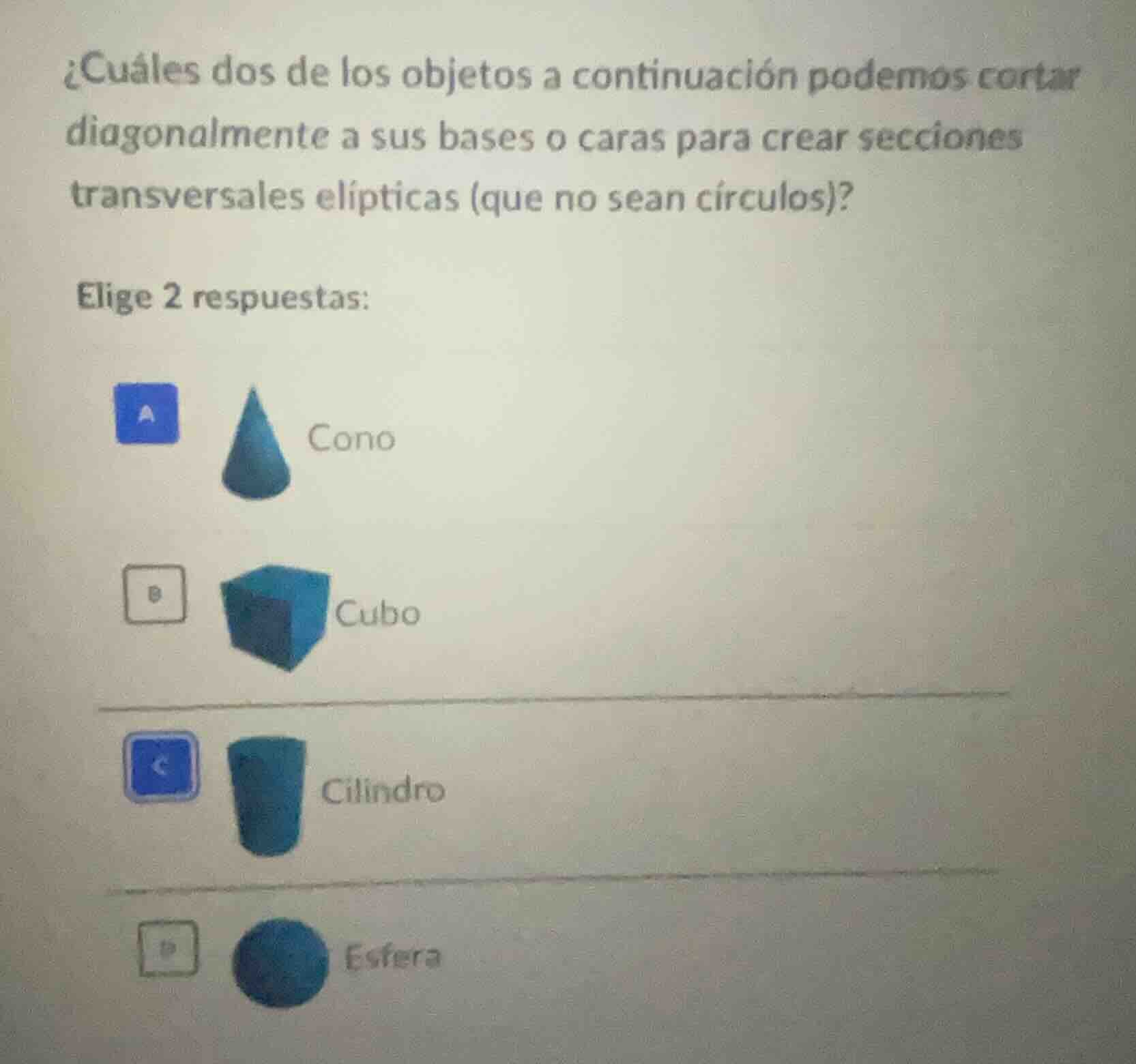 ¿cuáles dos de los objetos a continuación podemos cortar diagonalmente …