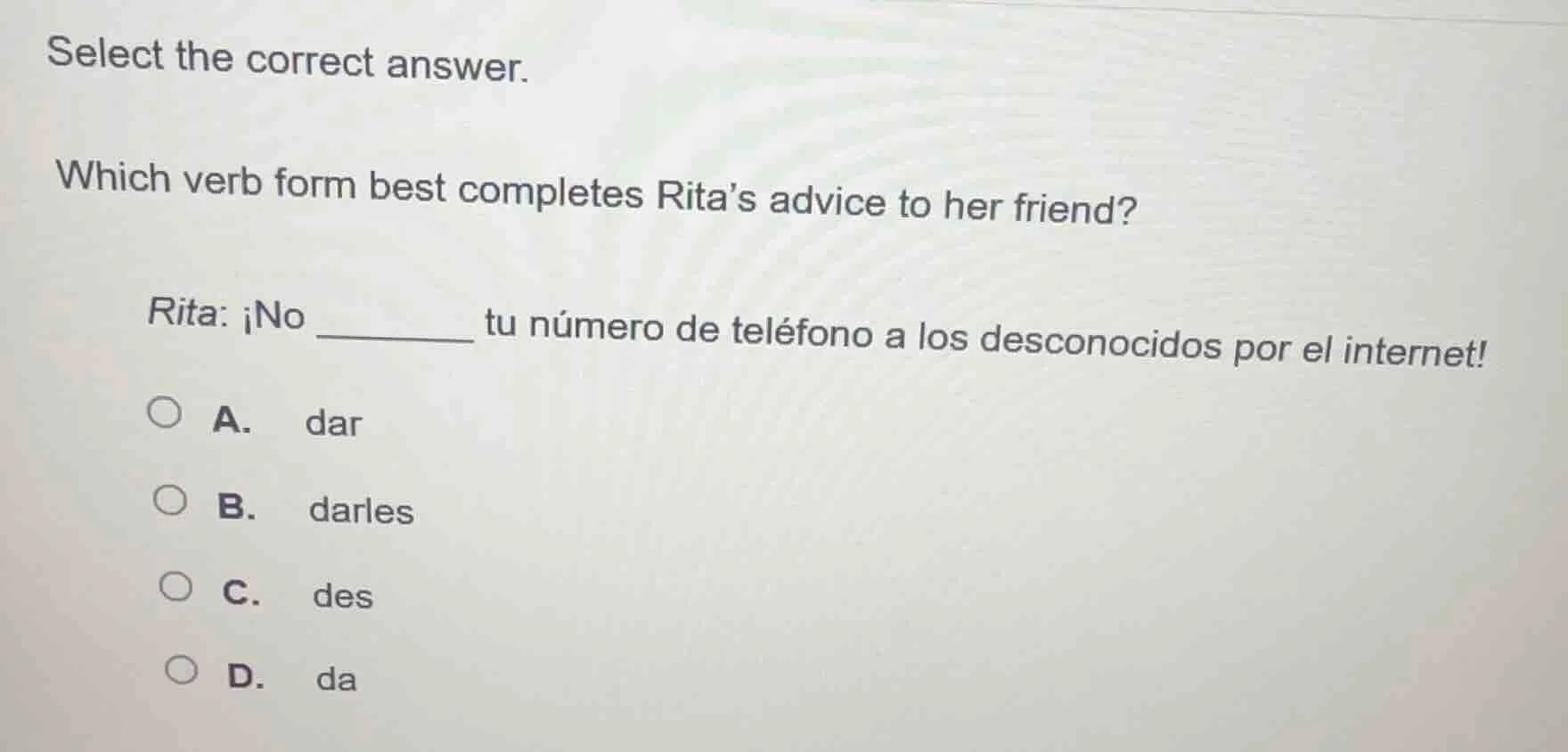 select the correct answer. which verb form best completes rita’s advice…
