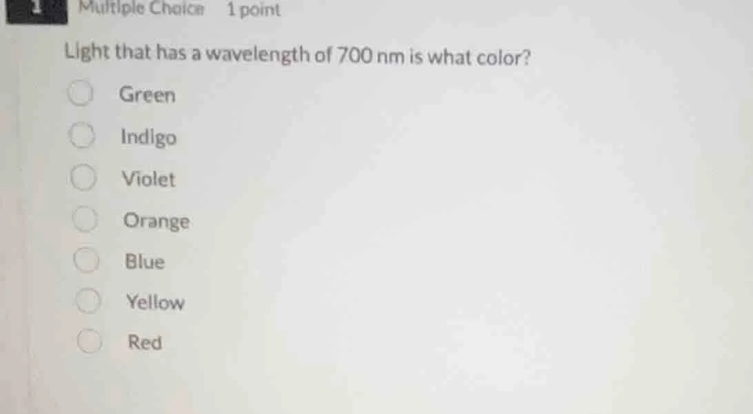 multiple choice 1 point light that has a wavelength of 700 nm is what c…