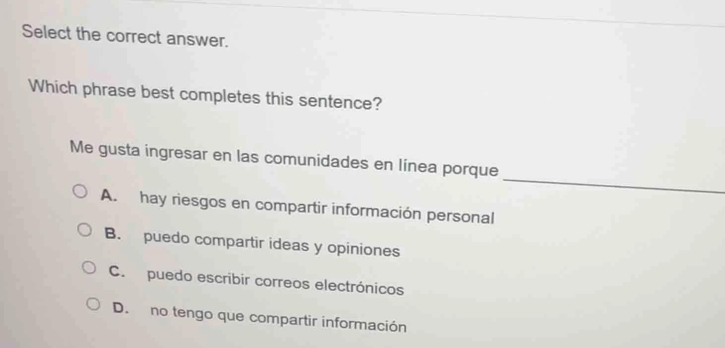 select the correct answer. which phrase best completes this sentence? m…