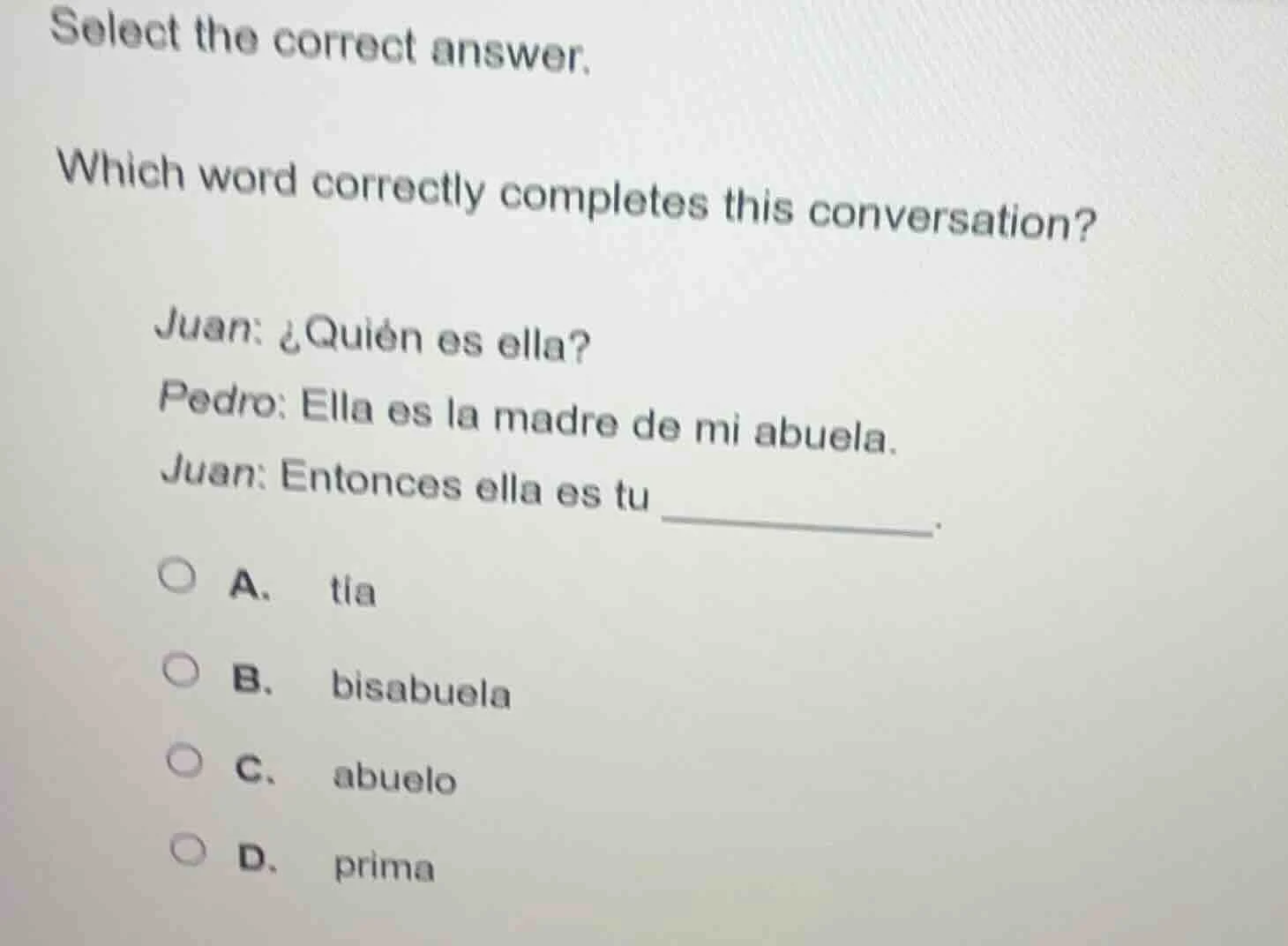 select the correct answer. which word correctly completes this conversa…
