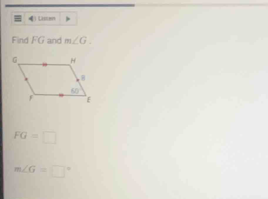 find fg and m∠g. fg = □ m∠g = □°