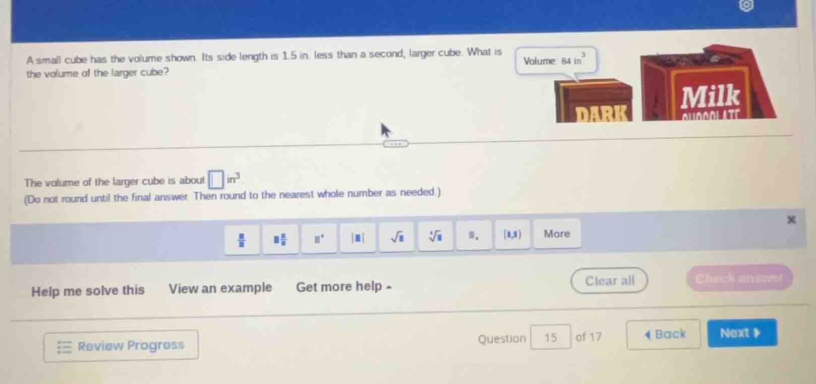 a small cube has the volume shown. its side length is 1.5 in. less than…