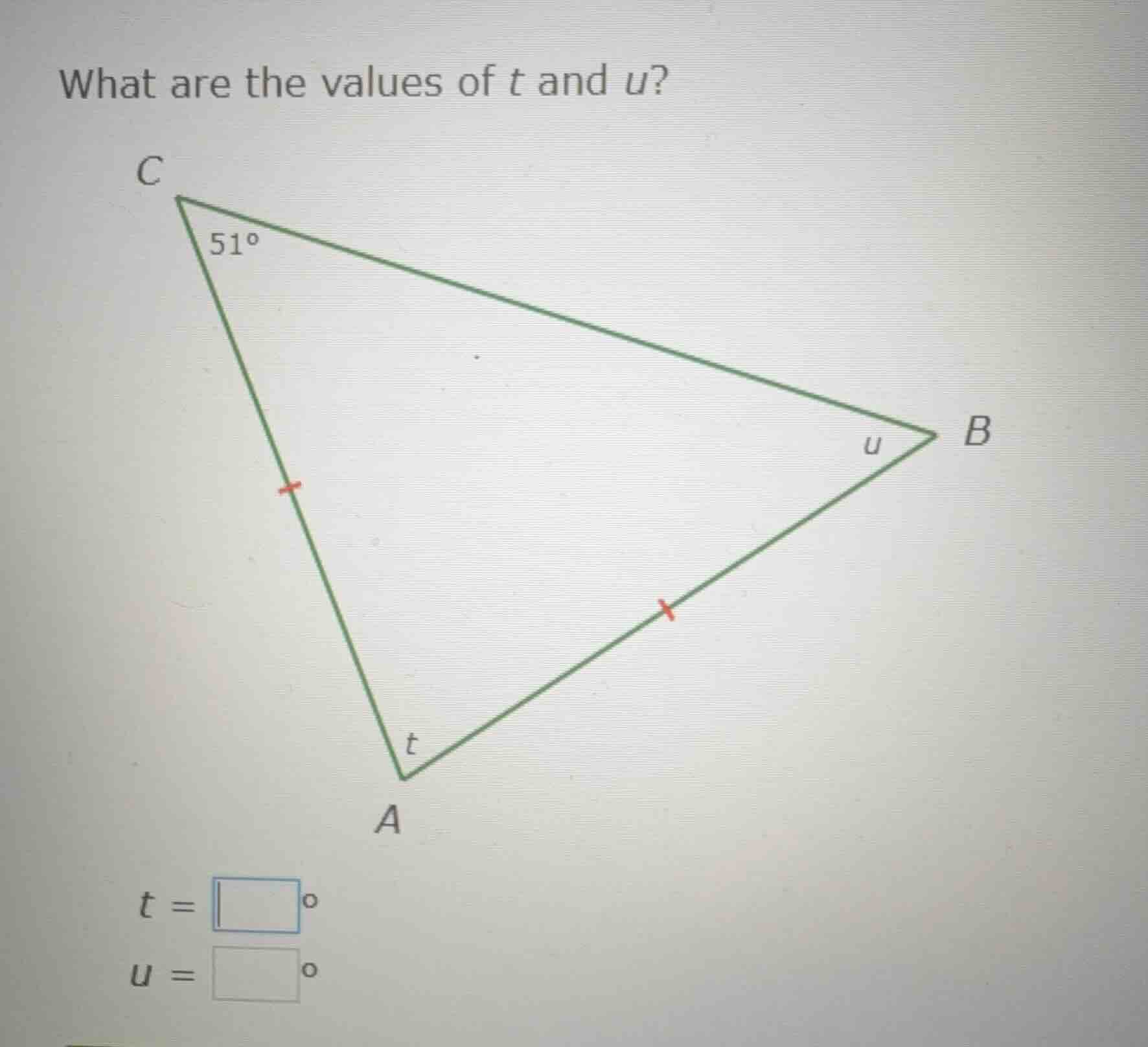 what are the values of t and u? (triangle with vertices a, b, c, angle …