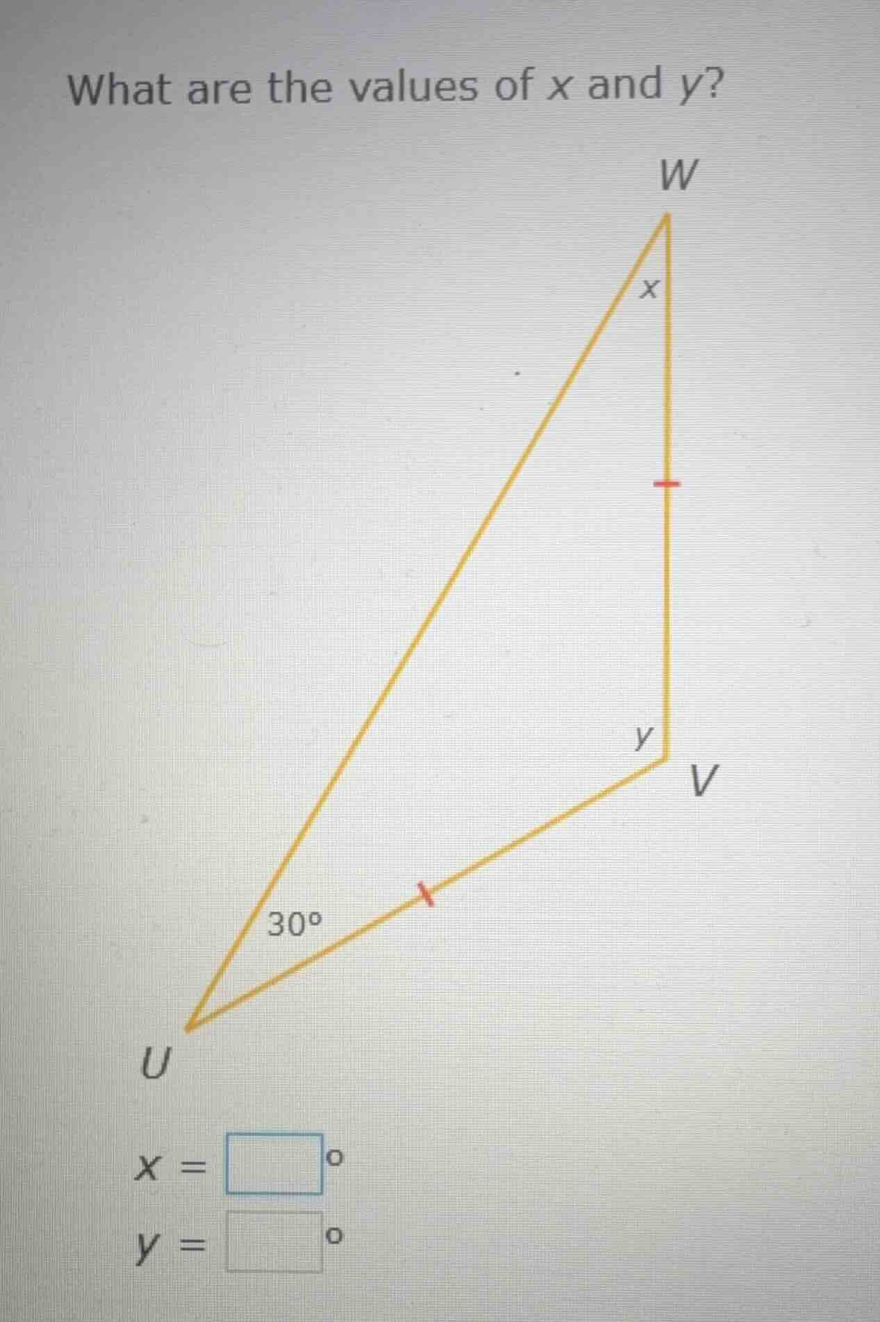 what are the values of x and y? (there is a triangle diagram with verti…