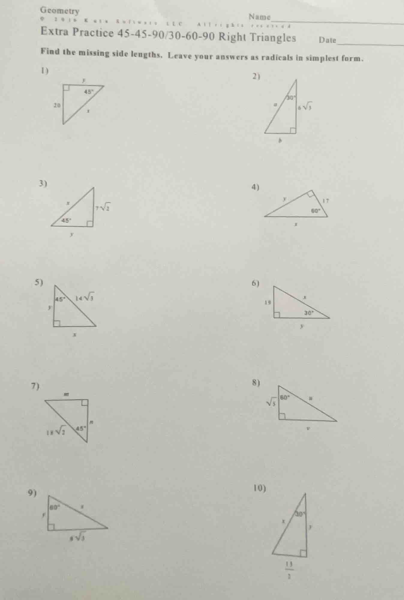 geometry extra practice 45-45-90/30-60-90 right triangles find the miss…