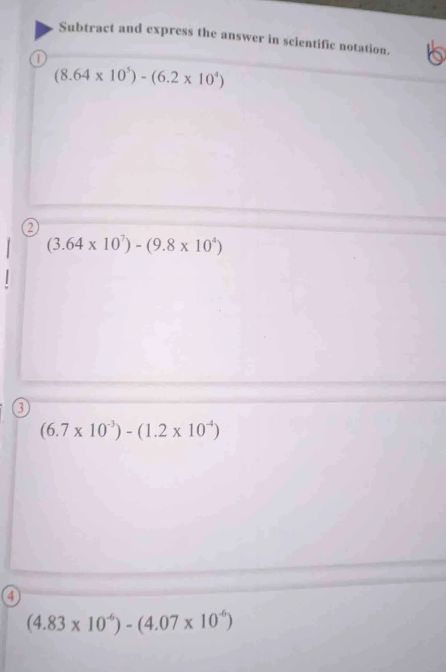 subtract and express the answer in scientific notation. 1 ((8.64 \times…