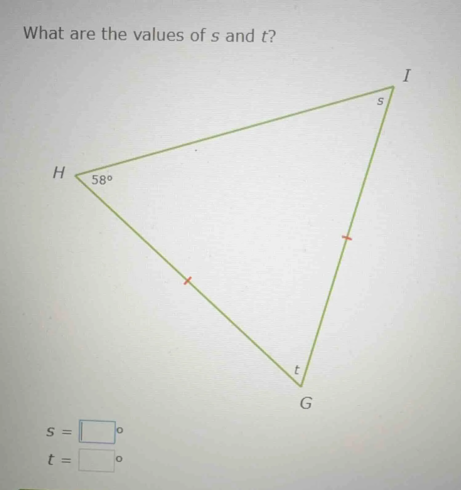 what are the values of s and t? (there is a triangle hgi with angle at …