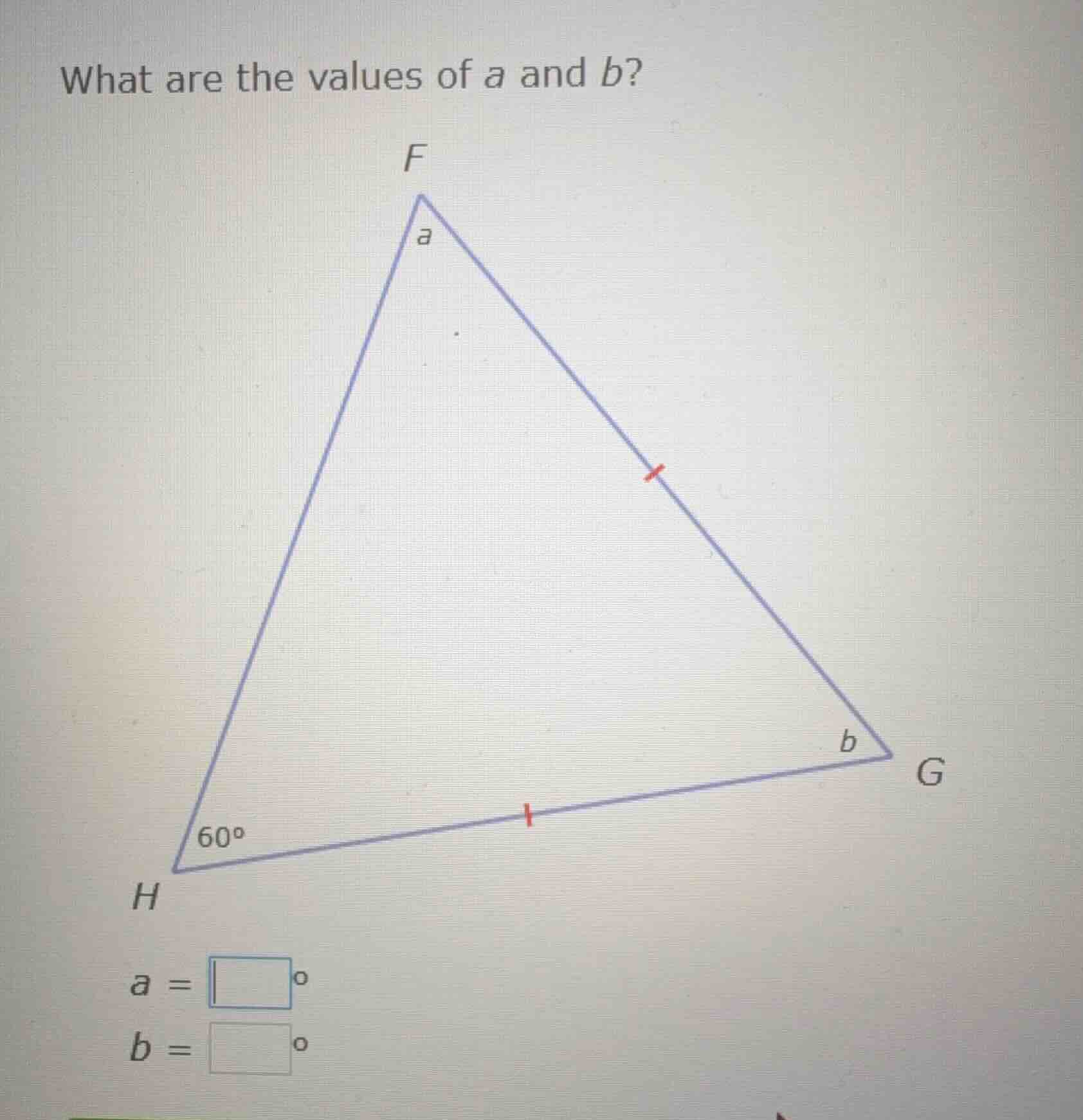 what are the values of a and b? triangle fhg with h at the bottom left,…