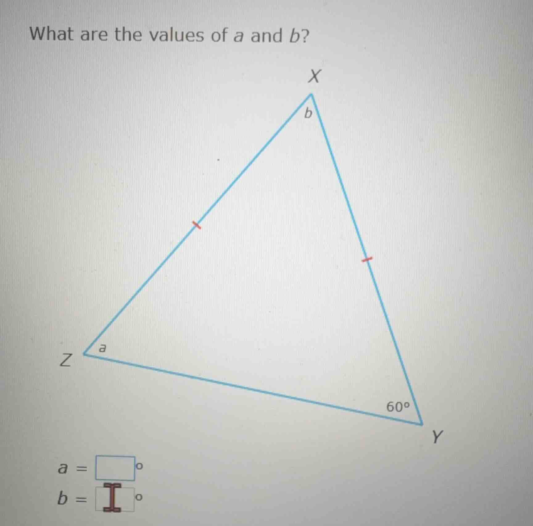 what are the values of a and b? (there is a triangle xyz with two sides…