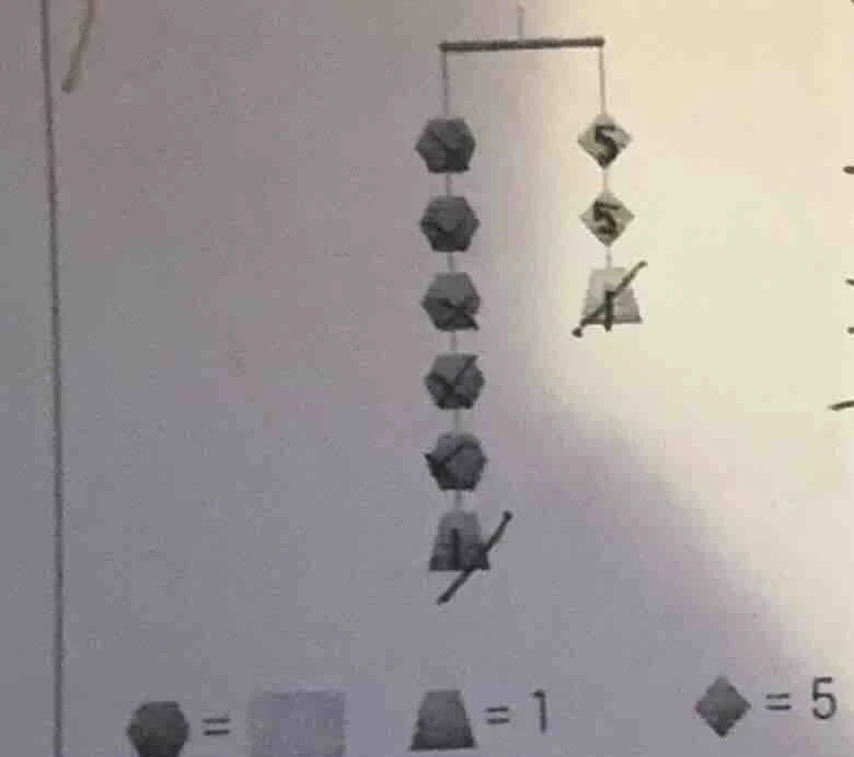 the image shows a balance scale. on the left side, there are 5 hexagons…