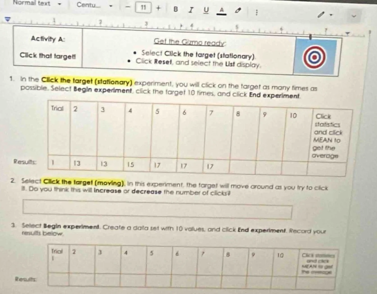 activity a: click that target! get the gizmo ready - select click the t…
