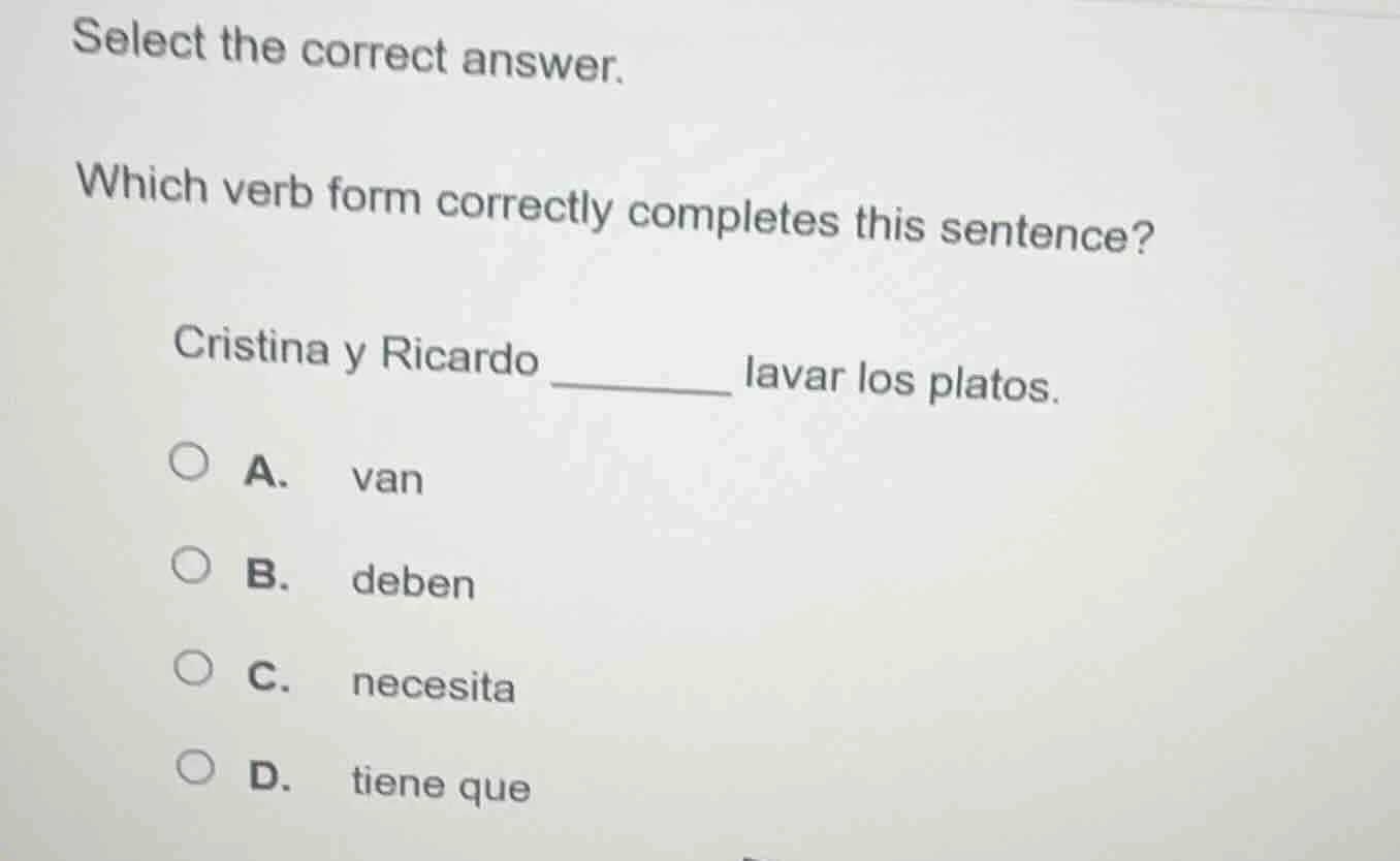 select the correct answer. which verb form correctly completes this sen…