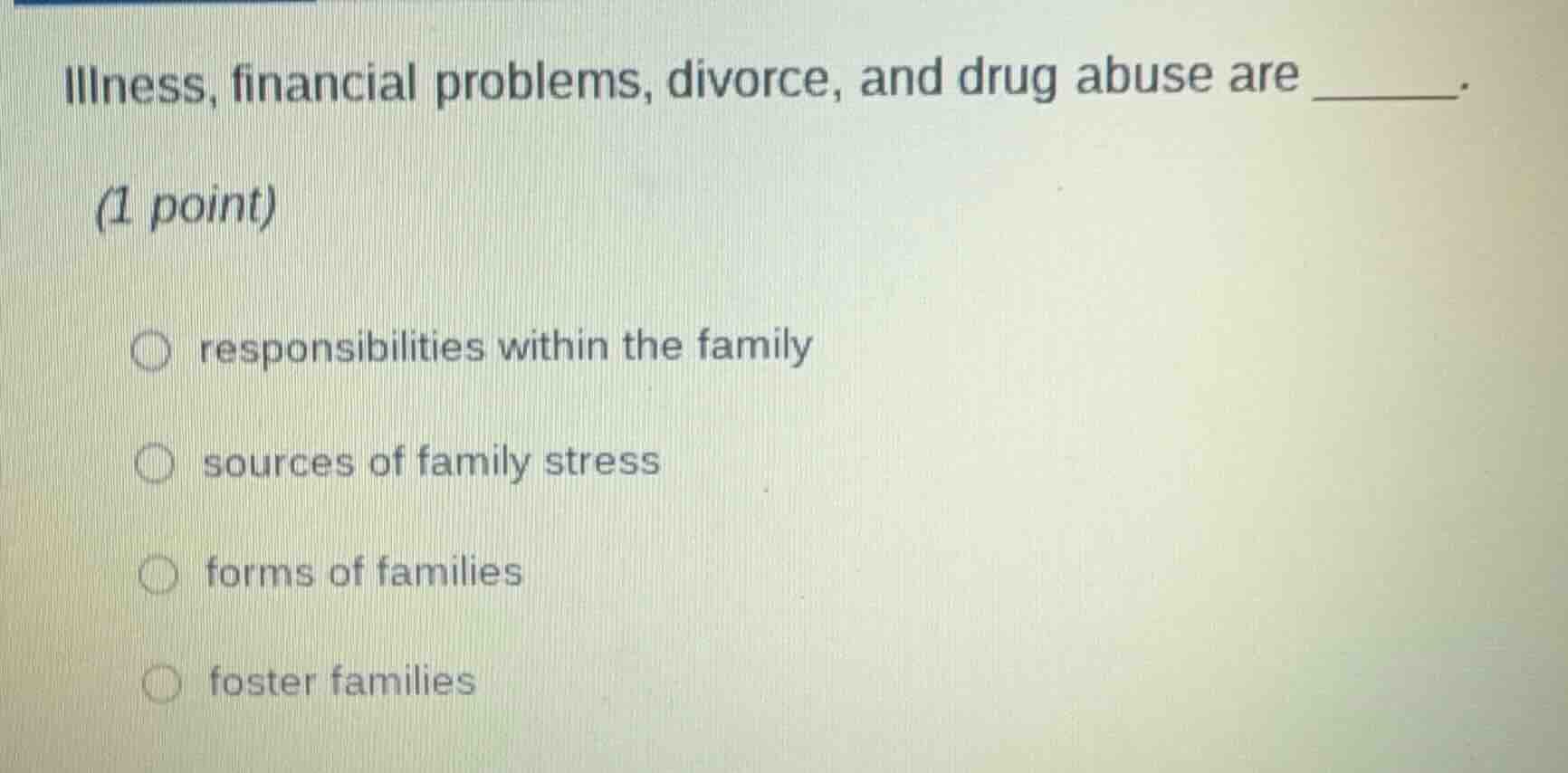 illness, financial problems, divorce, and drug abuse are ______. (1 poi…