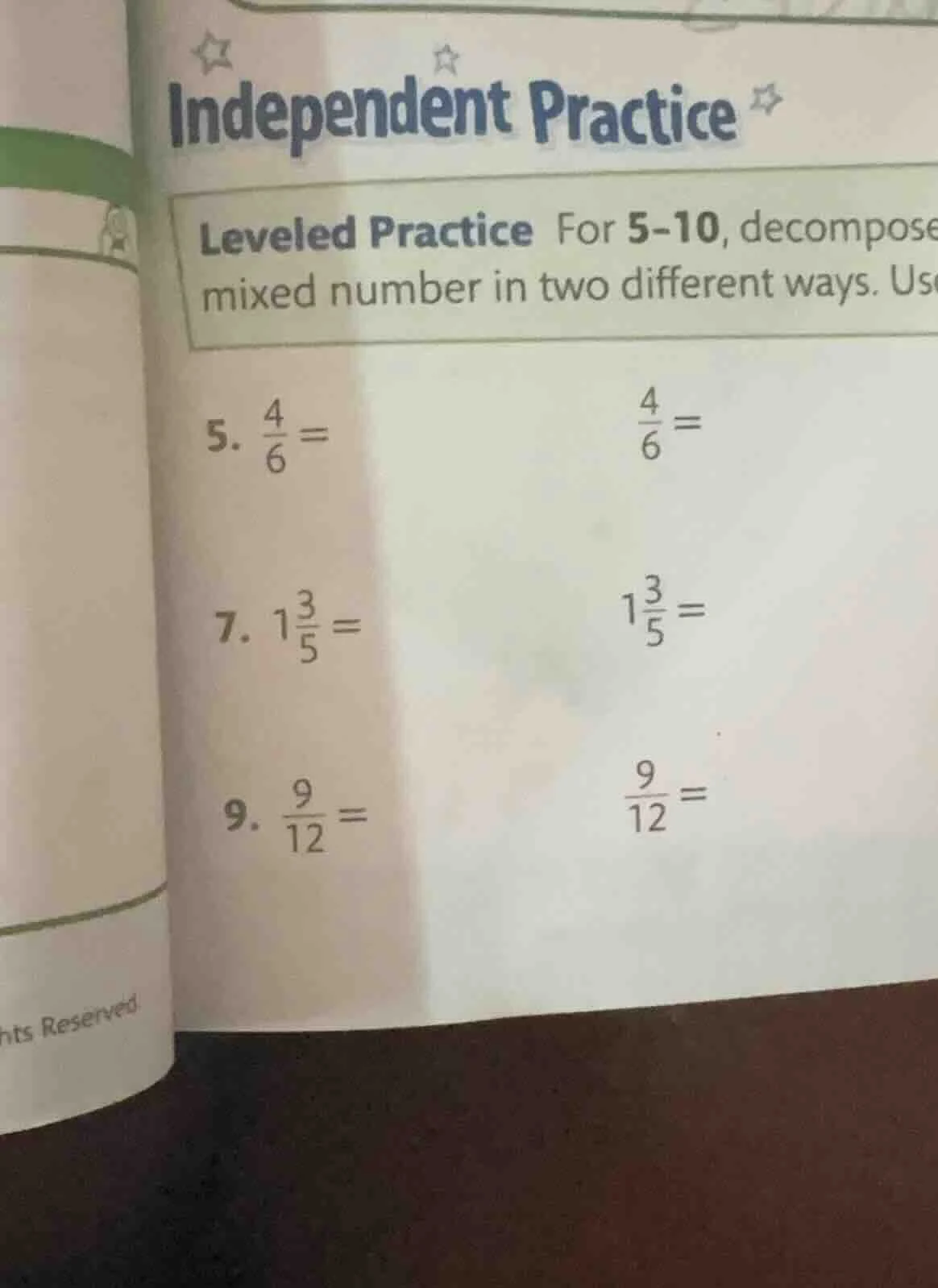 independent practice leveled practice for 5-10, decompose mixed number …