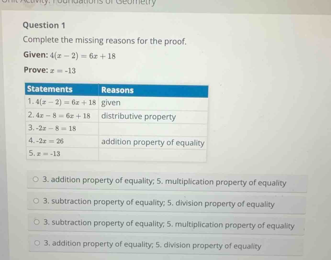 unit activity: foundations of geometry question 1 complete the missing …