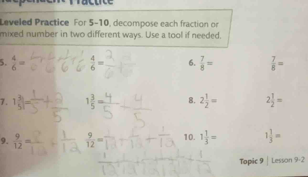 leveled practice for 5-10, decompose each fraction or mixed number in t…