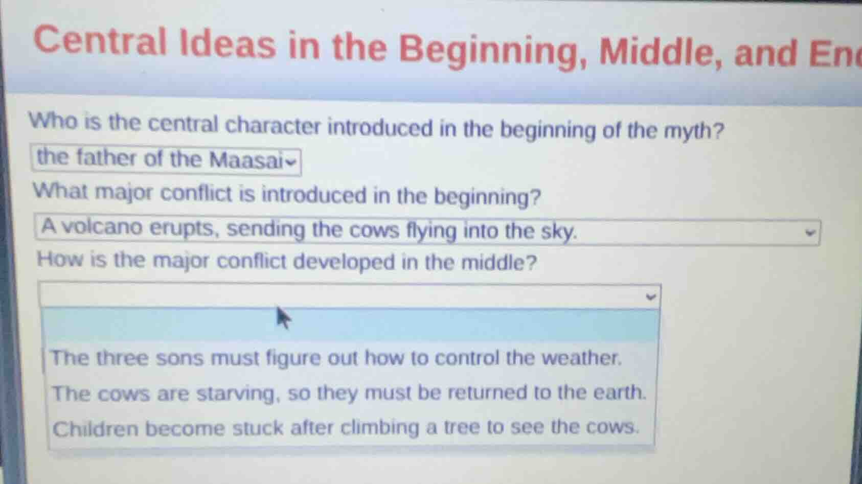 central ideas in the beginning, middle, and end who is the central char…
