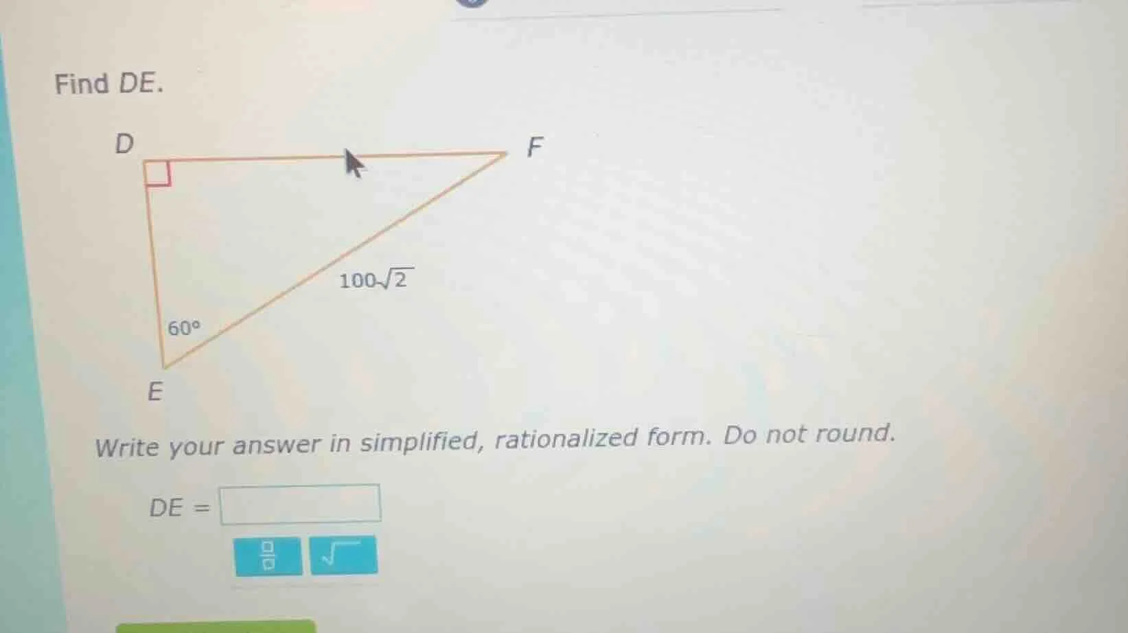 find de. (there is a right triangle def with right angle at d, angle at…