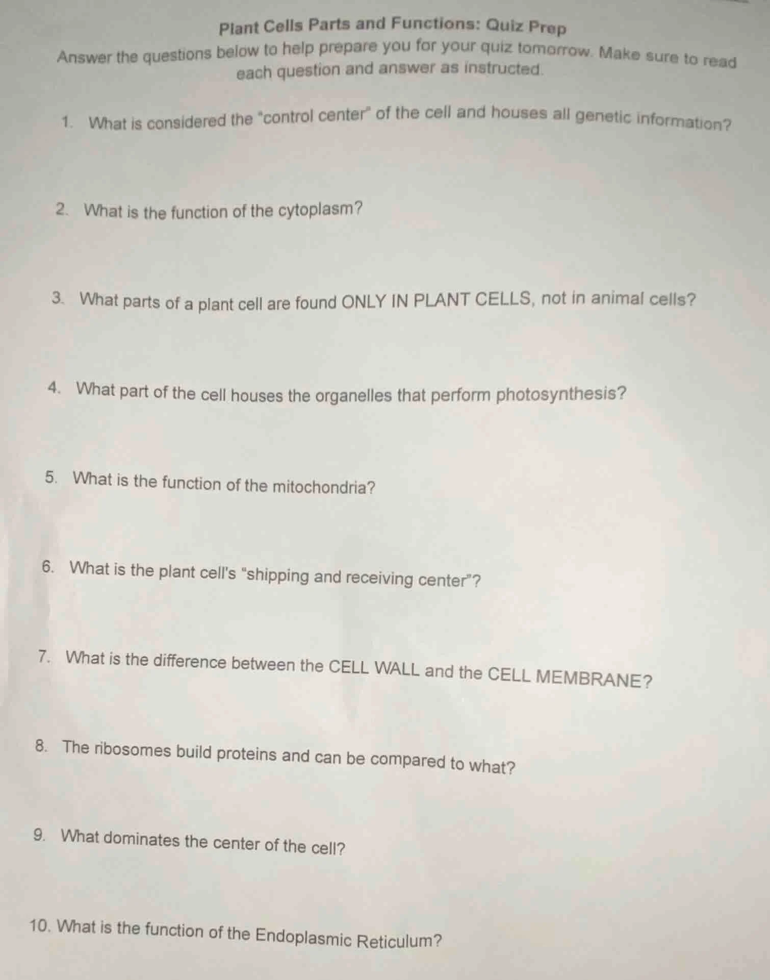 plant cells parts and functions: quiz prep answer the questions below t…
